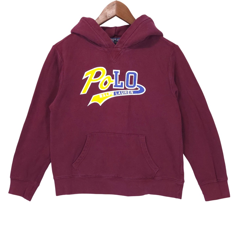 Polo Ralph Lauren Hoodie Sweatshirt Kids L 14-16 Fleece Burgundy Graphic Logo